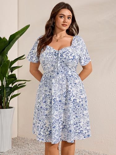 Image of RWJ Women Plus Size Summer Dress Short Sleeve Tie Front Sweetheart Neck Casual Mini Wedding Guest Dresses 2025