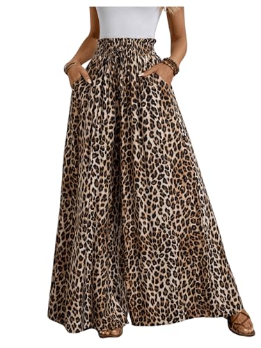 Verdusa Women's Wide Leg Dressy Pants Leopard Print Paperbag Waist Palazzo Pants with Pocket Casual Summer Outfits