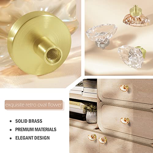Shiny Handles 4 Pack Glass Cabinet Knobs And Pulls,Oval Champagne Crystal Knobs For Dresser Drawer With Satin Brass/Brushed Gold Base #TOP4