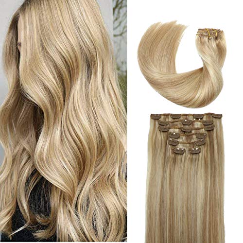 Hair Extensions Clip in Human Hair Light Golden Brown Mixed with Bleached Blonde Remy Clip in Human Hair Extensions 8A Brazilian Huaman Hair Extensions Straight Real Hair Extensions 15 inch 7pcs 70g