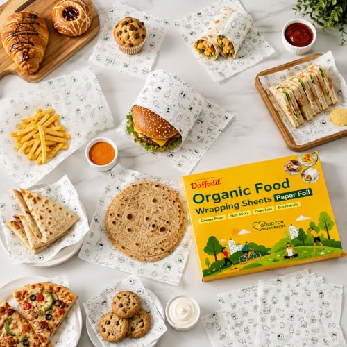 Image of DAFFODIL Organic Food Wrapping Paper Sheets Set of 100 | 25 x 30 CM Pre-Cut Food Safe Butter Paper | Grease Resistant, Non-Stick Food Wrap for Roti, Sandwich, Burger, Paratha, Snacks & Lunch Packing