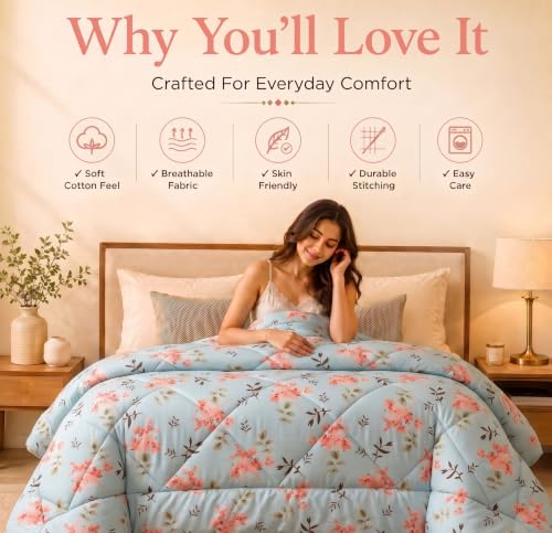 Image of HOMEKART 220 GSM Reversible Microfiber AC Comforter /Duvets for Mild Winter | All Season Single Size 3 Layered Quilted Blanket for Single Bed (230 cm x 150 cm,Pink Leaf)