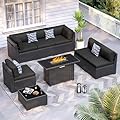 VONZOY 8 Piece Patio Furniture Set with 44” Fire Pit Table All-Weather Wicker Conversation Sectional Sofa & Coffee Table with Thickened Cushions for Backyard, Garden(Black)