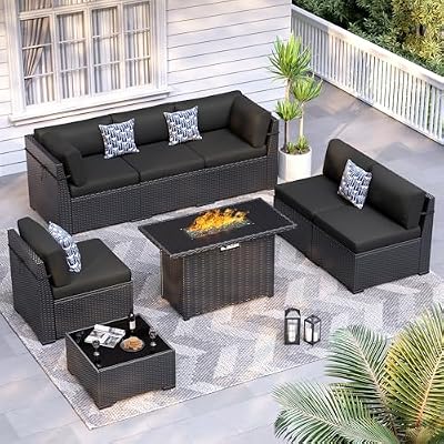 VONZOY 8 Piece Patio Furniture Set with 44” Fire Pit Table All-Weather Wicker Conversation Sectional Sofa & Coffee Table with Thickened Cushions for Backyard, Garden(Black)