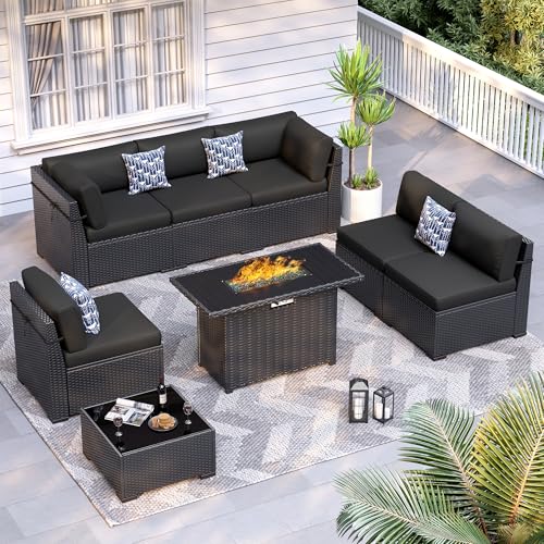 VONZOY 8 Piece Patio Furniture Set with 44” Fire Pit Table All-Weather Wicker Conversation Sectional Sofa & Coffee Table with Thickened Cushions for Backyard, Garden(Black)