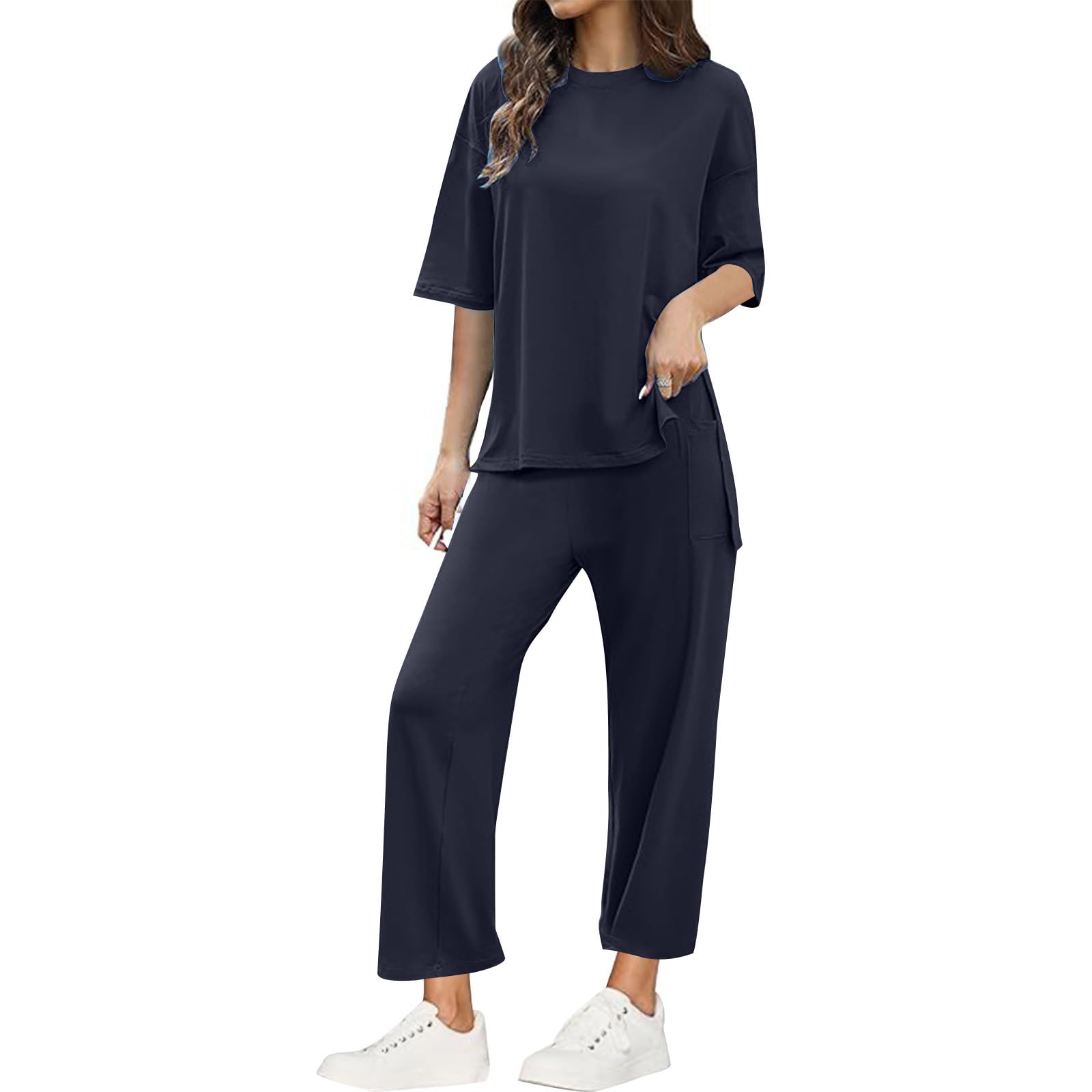 Womens 2 Piece Lounge Sets Oversized Short Sleeve Slit Top and Straight Leg Pants Casual Soft Sweatsuit Set