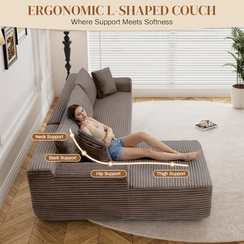 Image of 95 inch L Shaped Boneless Sectional Couches, Wide Armrest, Deep Seat, Memory Foam, Assembly Free, Modern Comfy Corduroy Fluffy Cloud Sofa with Right Chaise for Living Room, Small Spaces, Brown