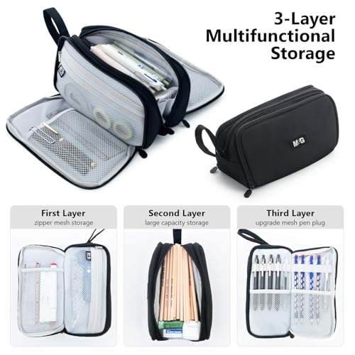 M&G Large Capacity Pencil Case, 3 Compartment Pouch Pen Bag (Black) by M&G - Used condition - Image 4