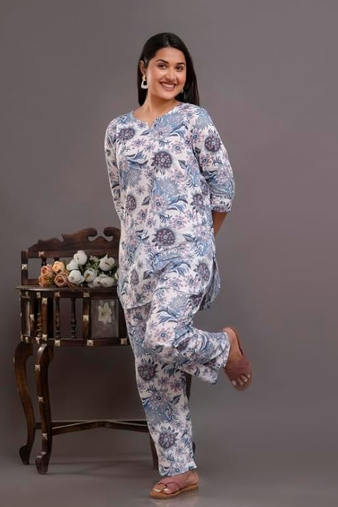 Image of Pure Cotton Printed Night Suit Set | Top Pyjama Set for Women | Night Dress of Kurta Pyjama Set for Women | Kurta Top Set