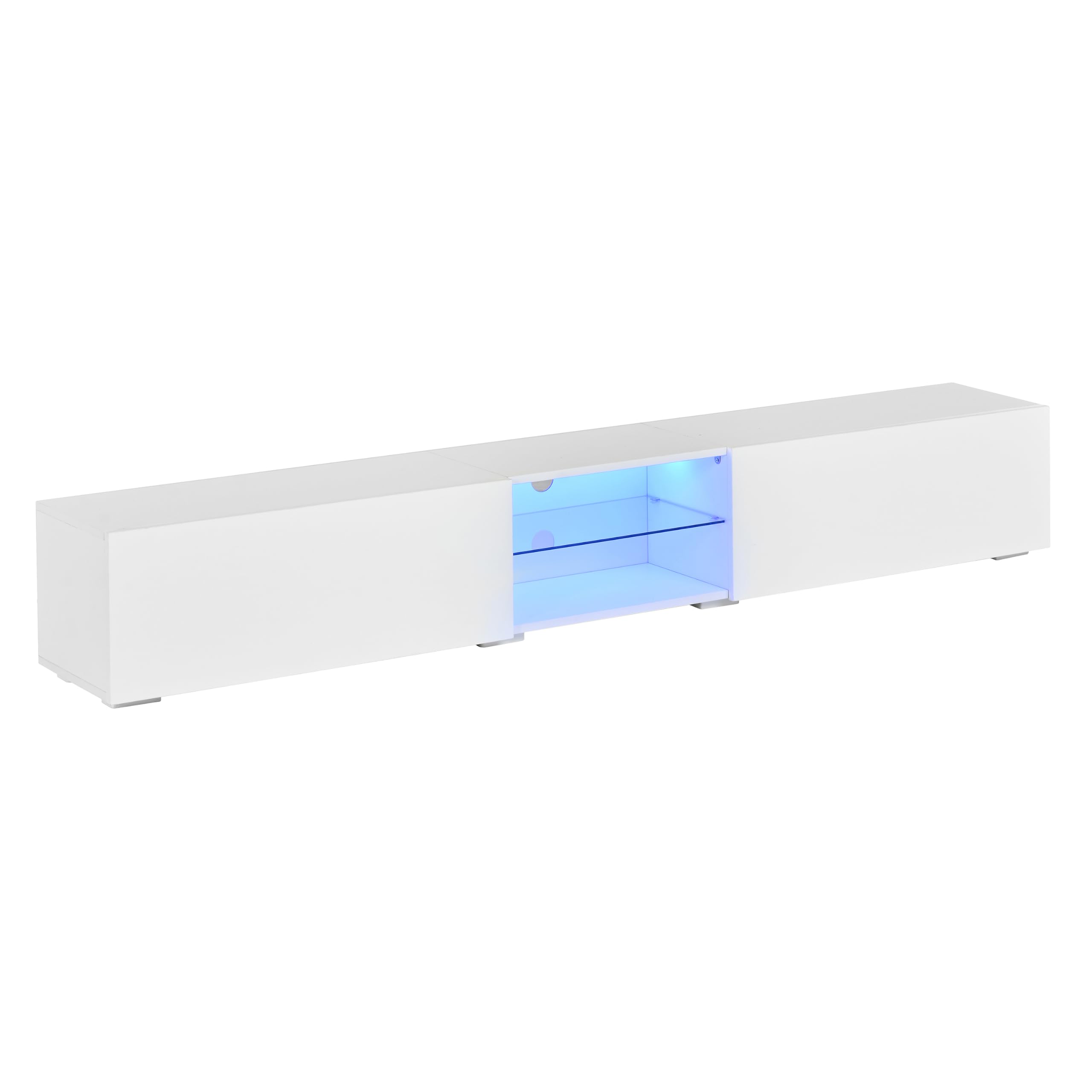 Meuble TV Blanc avec Portes Laquées Brillantes, Meuble TV LED avec Rangement et Étagère Transparente, Meuble Tele avec Éclairage LED, Support pour TV Jusqu’à 50 kg, 200x30x30 cm