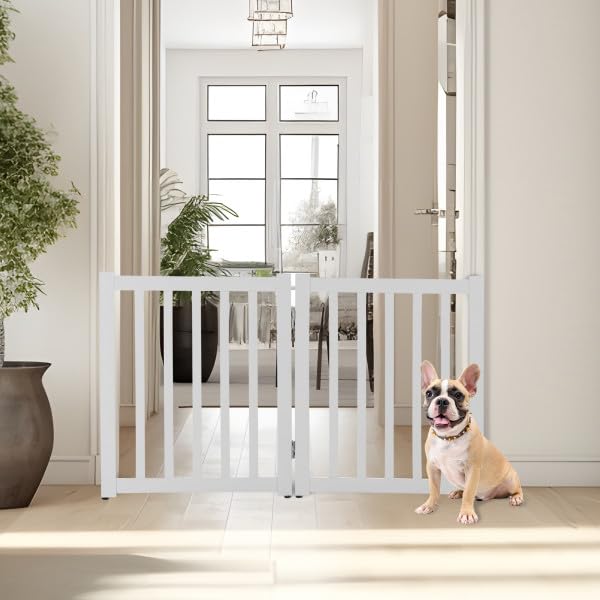 Freestanding Dog Gate - 2-Panel Foldable Indoor Pet Fence - 40x24-Inch Wood Dog Gate for Stairs, Hallways, or Doorways by PETMAKER (White)