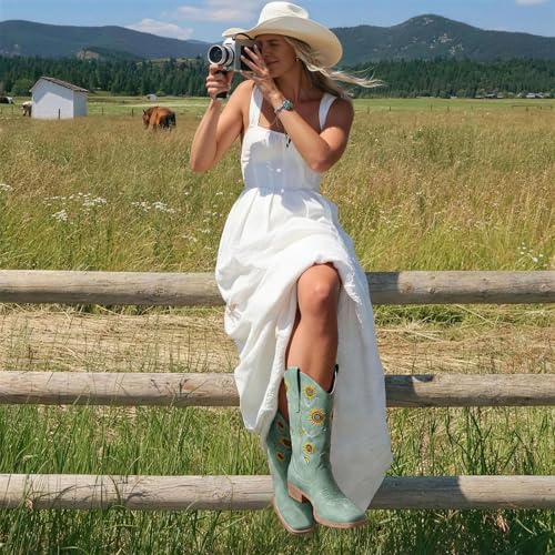 Image of Cowboy Boots for Women - Mid Calf Western Sunflower Cowgirl Boots with Floral Embroidery, Square Toe Stitched Pull On Retro Design, Perfect for Country Idyll, Concerts and More