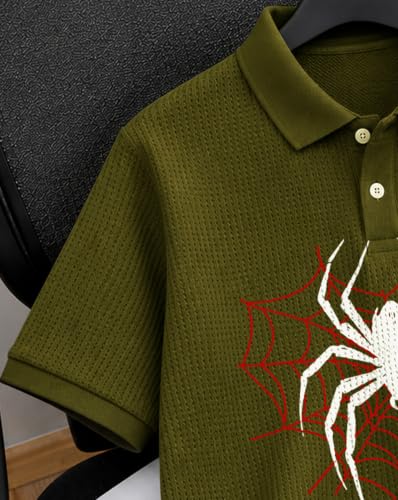 Image of AUSK Men's Spider Graphic Printed Polo T-Shirt | Cotton Blend Textured Regular Fit Half Sleeve Zip Polo Neck Casual T-Shirt for Men