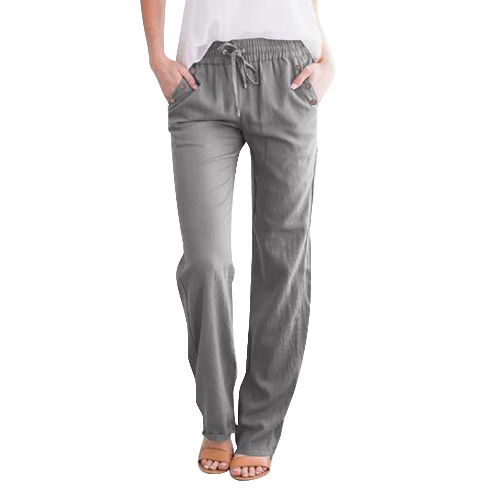 Women's Cotton Linen Pants Summer Casual Lightweight Baggy Pants Drawstring Waist Button Up Pocket Beach Lounge Pant Grey XL