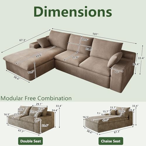 Image of 107 inch Cloud Couch Modular Sectional Sofa for Living Room, L-Shape Boneless Couch with Deep Seat, Modern Corduroy 3-Seater, No Assembly Required (Camel,Left-Facing Chaise)