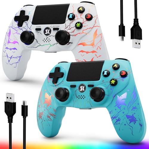 Image of CHENGDAO 2 Pack for PS4 Controller, Wireless Controller for PlayStation 4 /Pro /Slim /PC, Adjustable RGB Light, 1000mAh Battery, Speaker & 3.5mm Audio Jack, White + Blue