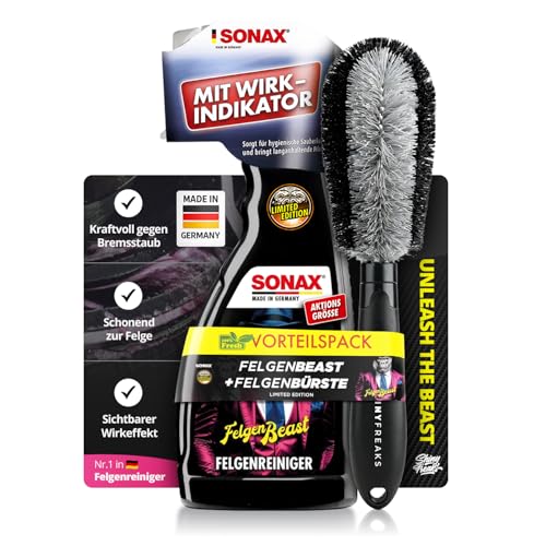 SONAX FelgenBeast Felgenreiniger (500ml) Set + Shiny Freaks Felgenbürste | Wheel Cleaner für Alufelgen Stahlfelgen Speichen Bremsstaub Radpflege Felgenreinigung Autopflege außen | 2-teilig