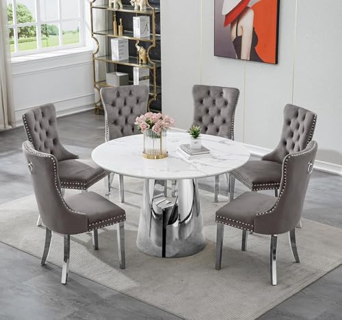 Image of 7-Piece Round Dining Table Set for 6, Modern Faux Marble Kitchen Table and Grey Velvet Chairs Set of 6, Luxury 45 inch Circle White Silver Dining Room Tables with Stainless Steel Base