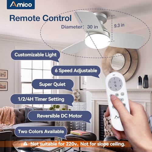 Image of Amico Ceiling Fans with Lights, 30 Inch Low Profile Ceiling Fan with Light and Remote Control, Flush Mount, Reversible, 3CCT, Dimmable, Noiseless, Silver Ceiling Fan for Bedroom, Indoor /Outdoor Use