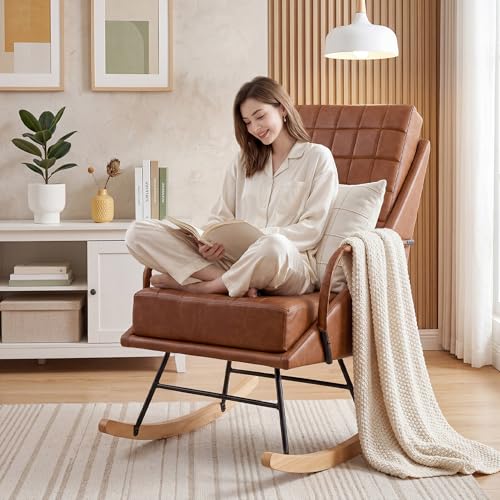 VECELO Rocking Chair Nursery, Oversized Leather Glider Rocker with Padded Cushion, Upholstered...