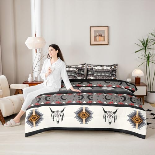 Image of Erosebridal Longhorn Cow Skull Comforter Set 7 Piece Bed in a Bag Twin | Southwestern Decor Boho Moth Bedding Sets Geometric Aztec Western Comforter and Sheet Set, Sun and Moon Bohemian Bed Sets,Grey