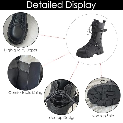 Women’s Leather Buckle Strap Platform Combat Boots Fashion Round Toe Lace up Side Zipper Lug Sole Punk Low Chunky Heel Mid Calf Booties Casual Biker Motorcycle Booties3