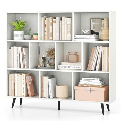 COSTWAY Estantería Abierta de 10 Cubos, Libreria Estanteria de 3 Niveles, 5 Patas de Metal Cónicas, Estanterias para Libros Blanco, Oficina Salon Dormitorio (120 x 24 x 107 cm)