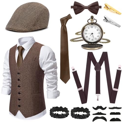 Spetsbst 20er Jahre Kostüm Herren Mafia Accessoires FaschingsKostüme Männer mit Weste Taschenuhr Hut usw. Halloween Karneval Kostüme für Themenpartys Rollenspiele (Braun XXL)