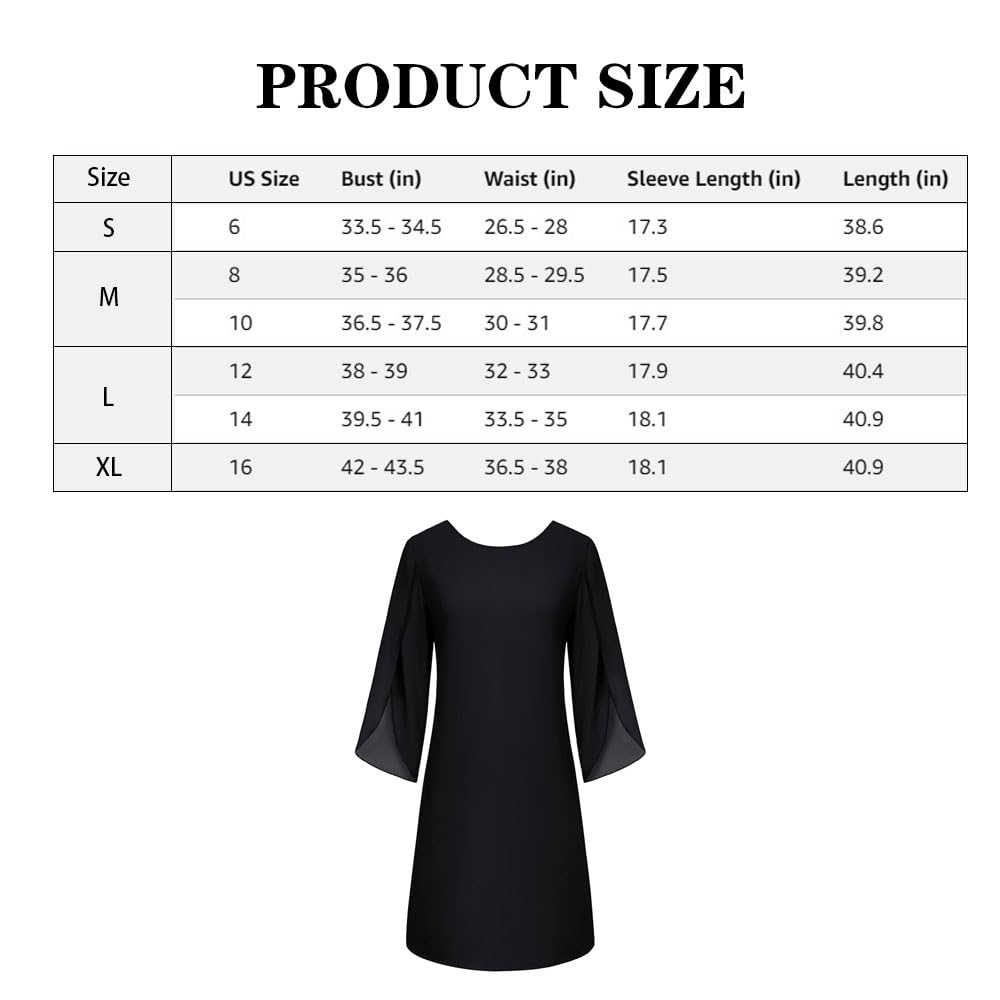 Vestito Donna Chiffon Elegante a Manica 3/4 Scollo Rotondo Elegante Casual Abiti per Cocktail Party(Nero/L)