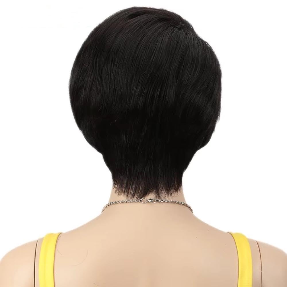 Haarpflege Schwarze Kurzschnitt Perücke Mit Geradem Seitenteil Spitze 100% Echthaar Für Damen Leimlose Perücken(Right Lace)