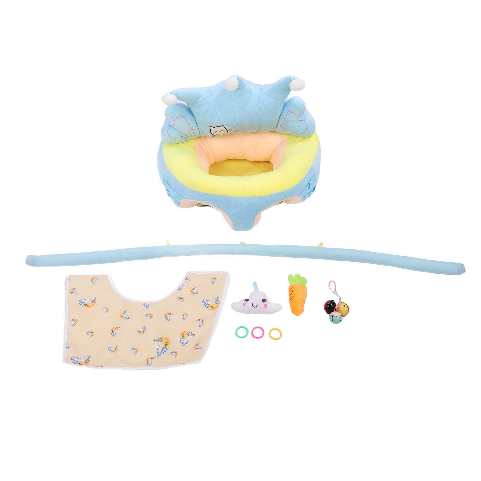 Baby Support Seat Sofa, Plush Baby Sitting Chair with Activity Toys, Soft Crown Shaped Infant Sitting Support for Learning to Sit, Comfortable Velvet Baby Seat with Drool Bib and A (Blue)