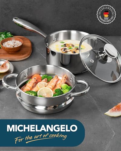 Image of MICHELANGELO 1.5 Quart Saucepan with Steamer, Stainless Steel Saucepan with Lid, Triply Bottom Induction Compatible, Multipurpose Sauce Pot, Dishwasher Safe