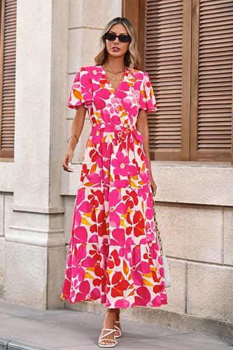 Image of MASCOMODA Women Boho Swiss Dot Maxi Dresses Wrap V Neck Flutter Short Sleeve Solid Tie Waist A Line Tiered Flowy Long Dresses