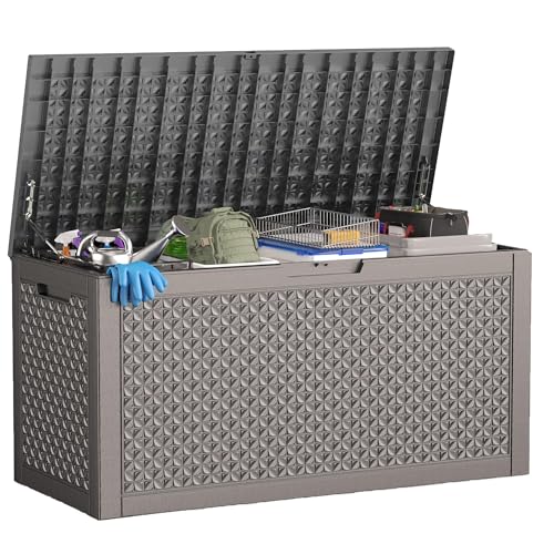 ROJIK Outdoor Storage Housing Deck Box - Waterproof Patio Furniture, Garden Tools, Cushions, Pool Accessories Storage Bench with Lockable Lid and Side Handles (Grey pattern,100 Gal)
