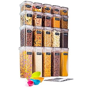 nuovva Airtight Food Storage Container Set – 20pcs Kitchen & Pantry Organiser and Storage – Plastic Cereal Storage Containers with Lid – Kitchen Organiser Jars with Measuring Spoons, Marker & Labels