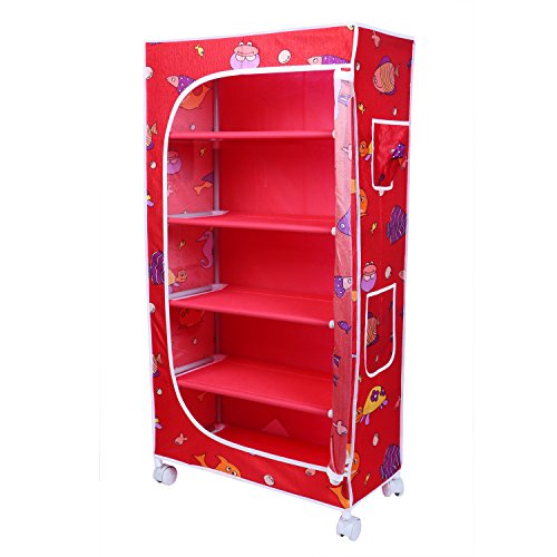 Image of Little One's Alloy Steel | 5 Shelves Baby Foldable Wardrobe | Aquatic Red (Made In India)