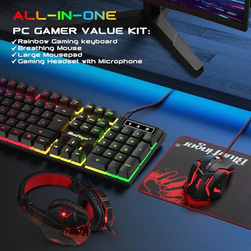 Image of BlueFinger RGB Gaming Keyboard and Backlit Mouse and Headset Combo, USB Wired Backlit Keyboard, LED Gaming Mouse Set, Headset with Microphone for Laptop PC Computer Game and Work