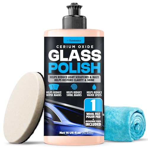 Durabasics Cerium Oxide Glass Polish Glass Scratch Remover for Light Scratches Haze & Wiper Marks on Windshields Glass Polishing Compound with 3 Wool Felt Pad Kit 16oz