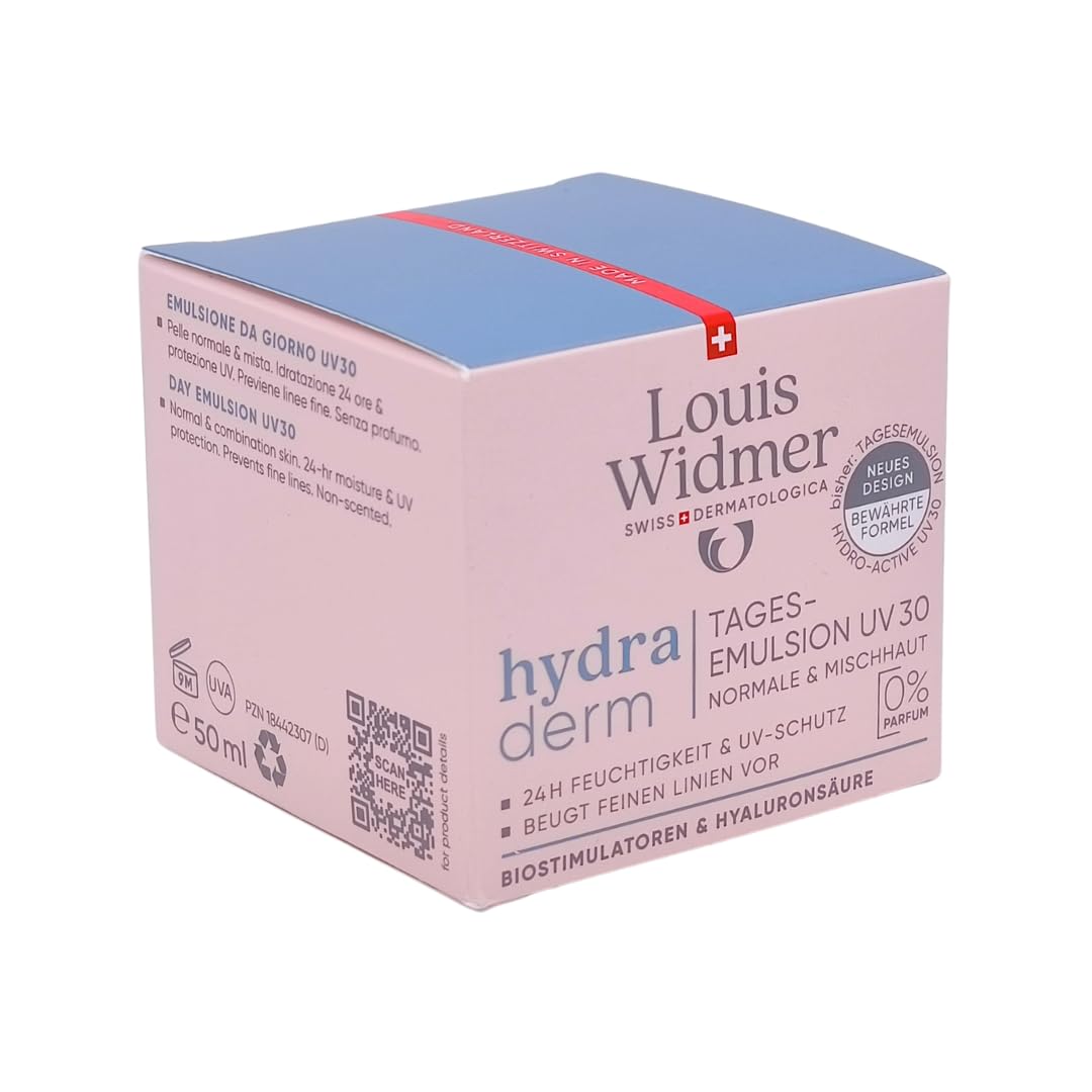 Louis Widmer hydraderm Tagesemulsion UV30 unparfümiert 2x 50 ml I für normale & Mischhaut I Anti-Ageing Tagespflege I Feuchtigkeit I Lichtschutzfaktor 30 I Spar-Set plus Pharma Perle give-away