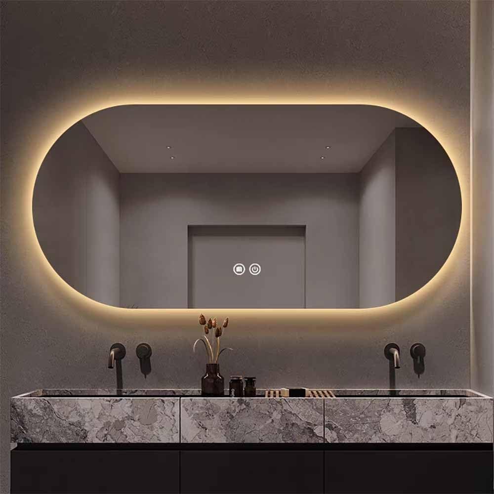 Moderna Espejo de Baño Antivaho, 70x120cm Espejo Maquillaje con Luz Retroiluminado, 3 Temperaturas de Color Ajustable, Ovalado Espejo de Pared sin Marco para Tocador Salón(120x70cm)