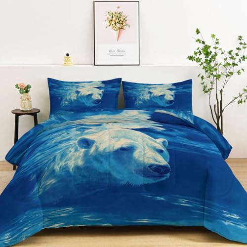 Genérico Edredon Nordico 135 x 200 cm con 2 Fundas de Almohada 50 x 75 cm, Edredón Reversible Suave de 4 Estaciones Océano Animal Oso Polar Hiperrealista - Juego de Cama Estampado Azul