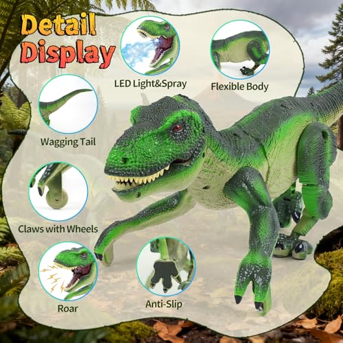 Funbud Remote Control Dinosaur Toy for Kids - Birthday Gifts for Ages 3 4 5 6 7 8 9 10 11 12 Year Old, RC Walking Dino with Roaring Sound & Spray & Light, Interactive Toy for Boys Age 3-12 - Image 3