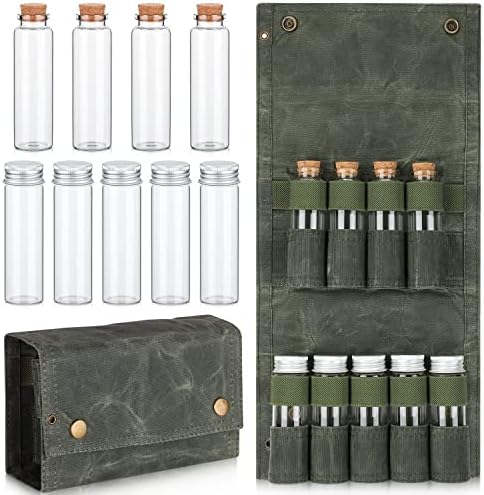 TOBWOLF Portable Spice Bag with 9 Spice Jars, Canvas Seasoning Storage Bag Organizer, Seasoning Bottle Holder with Mini Condiment Bottle, Condiment Container Set for Outdoor Camping BBQ Picnic - Green