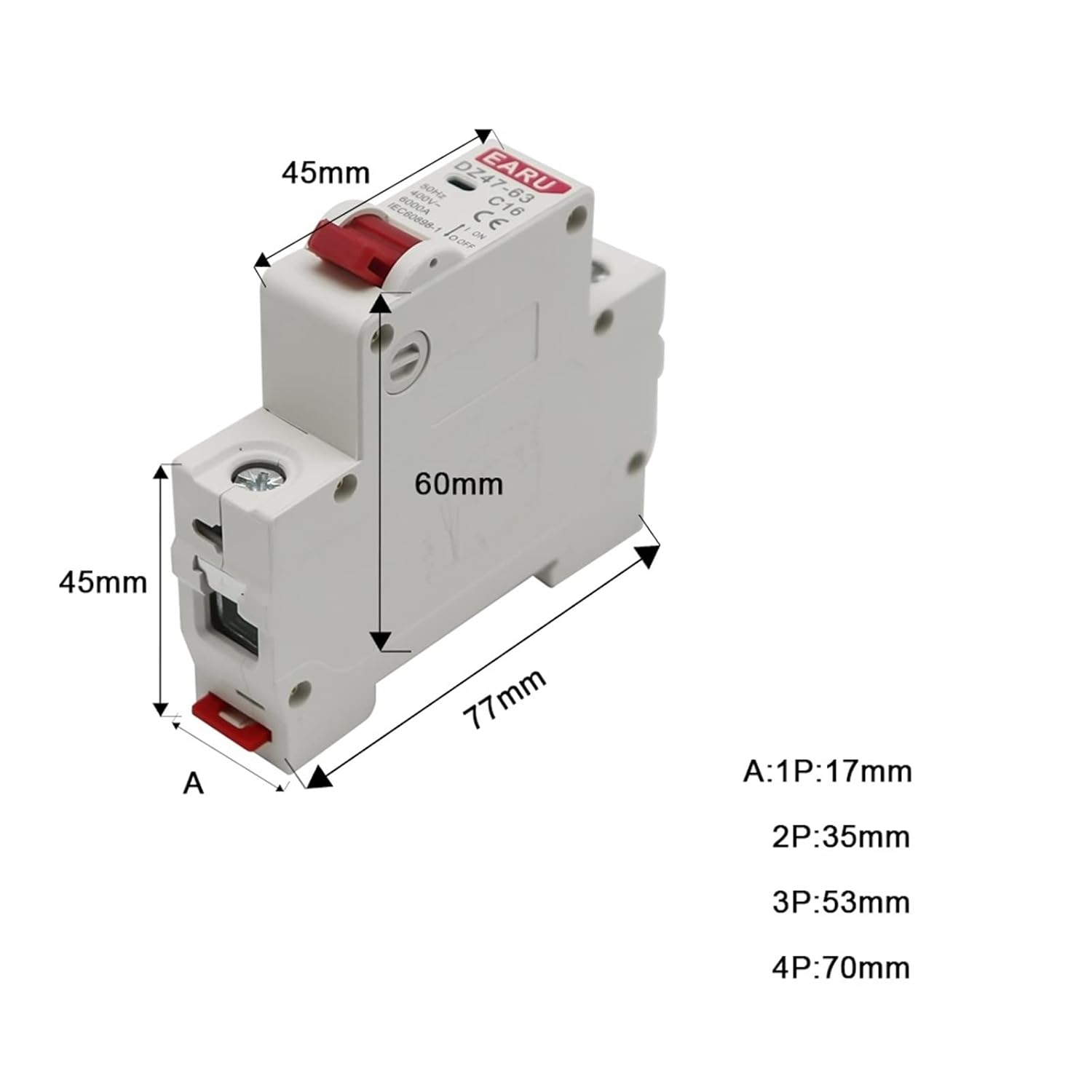 DZ47 400V 1-4P 3-125A Cタイプミニサーキットブレーカー MCB ショート過負荷回路保護装置 35mm DINレ