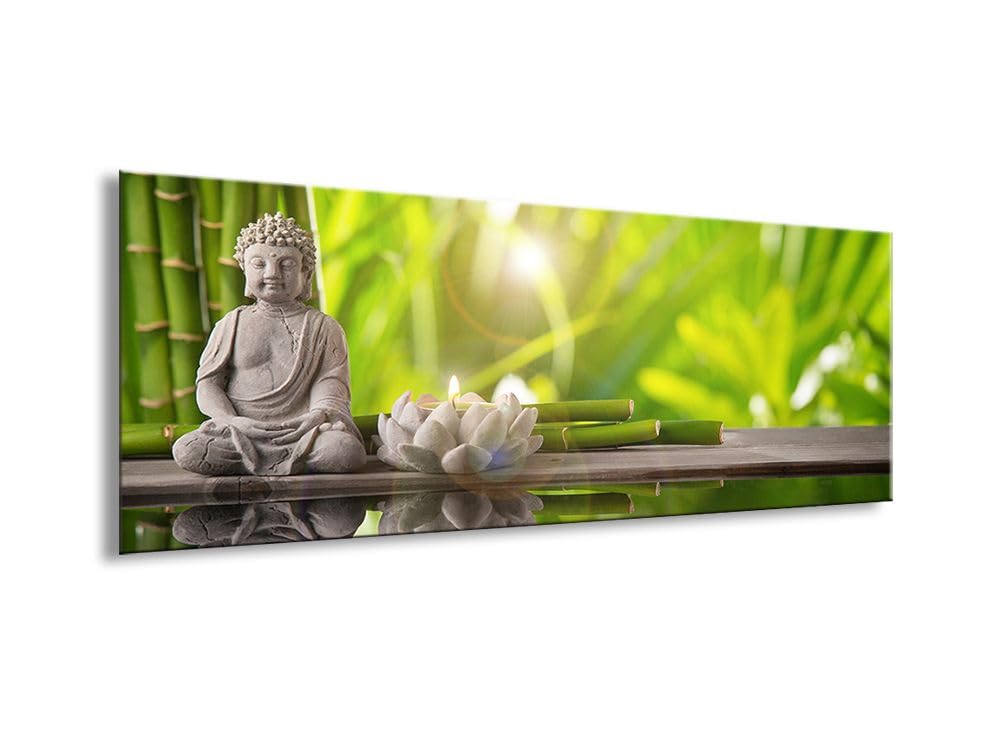 artissimo Bild aus Glas 80x30 cm Zen Spa AG3442A – modernes Glasbild Buddha Wandbild Querformat, Wanddeko Wohnzimmer, grün, Wellness Yoga