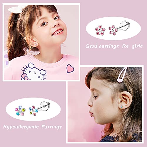 LOYALLOOK 14Pairs Hypoallergenic Screwback Earrings for Women Girls Tiny CZ Pearl Ball Heart Flower Screw Back Earring Studs 316L Stainless Steel Stud Earrings Flatback 20G Over 3 Years Old2