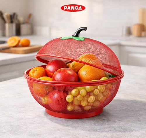 Image of PANCA Fruit Basket for Kitchen Apple Shape with Net Cover | Fruit & Vegetable Storage Stand for Dining Table | Red Fruit Bowl for Home, Kitchen Counter & Daily Use