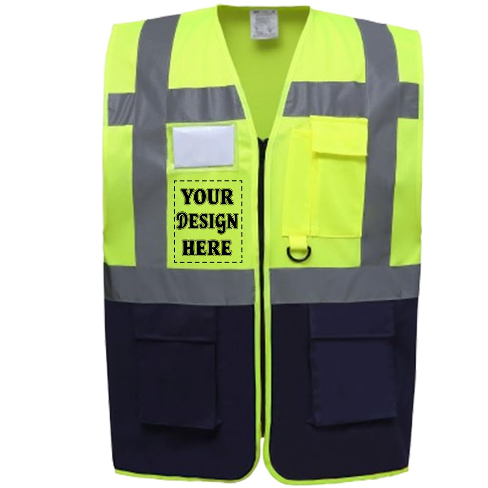 D&T Personalised Hi-Vis Reflective Vest with Zipper and Pockets – High Visibility Safety Waistcoat – Unisex Polyester Workwear (UK, Alpha, 3XL, Regular, Regular, Hi-Vis Yellow/Navy)