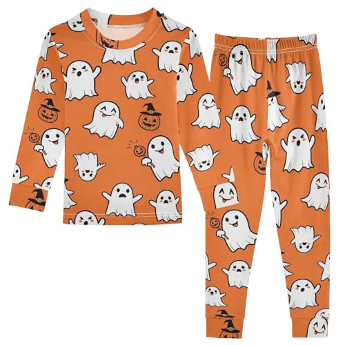 Pajama Sets Long Sleeve Halloween Ghosts on Orange_1 Soft Comfy Sleepwear 2 Piece PJS 3-8T