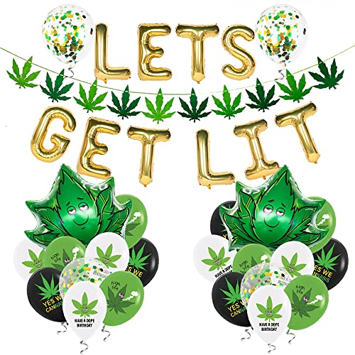 CYMYLAR 47pcs 'lets get lit' Party decorations for adults, weed set includes Latex Marijuana balloons, weed shape foil balloons and banner, Green Confetti balloons, For cannabis birthday-themed party by CYMYLAR - Used condition - US$15.35